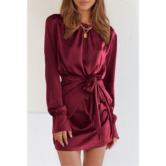 New Satin Dress Tie Waist Elegant Cocktail Mini Red 16 XL - Picture 3 of 6